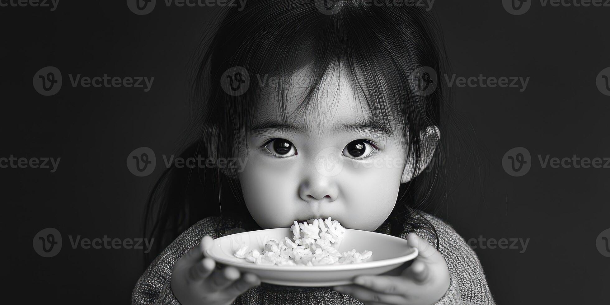 Young child eating rice from a plate with an adorable expression in a soft, warm setting photo