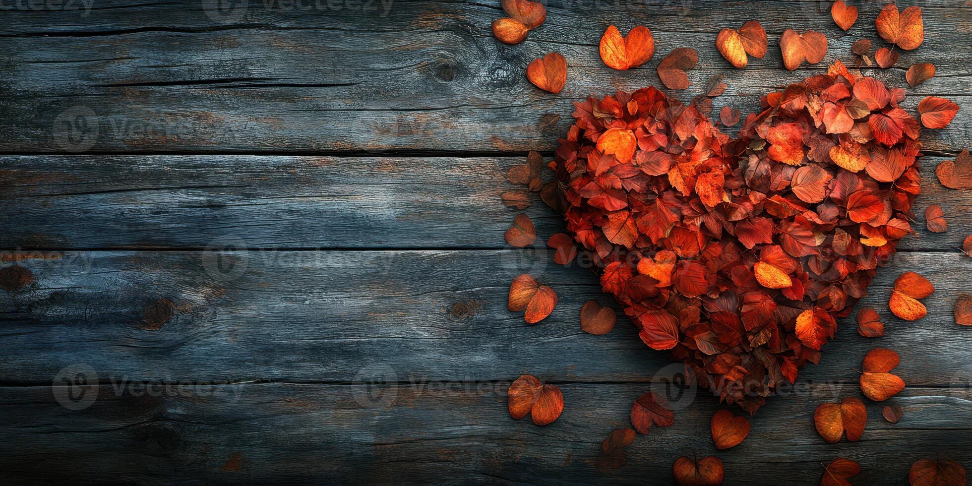 Heart-shaped arrangement of autumn leaves on rustic wooden surface creates a warm and inviting atmosphere photo