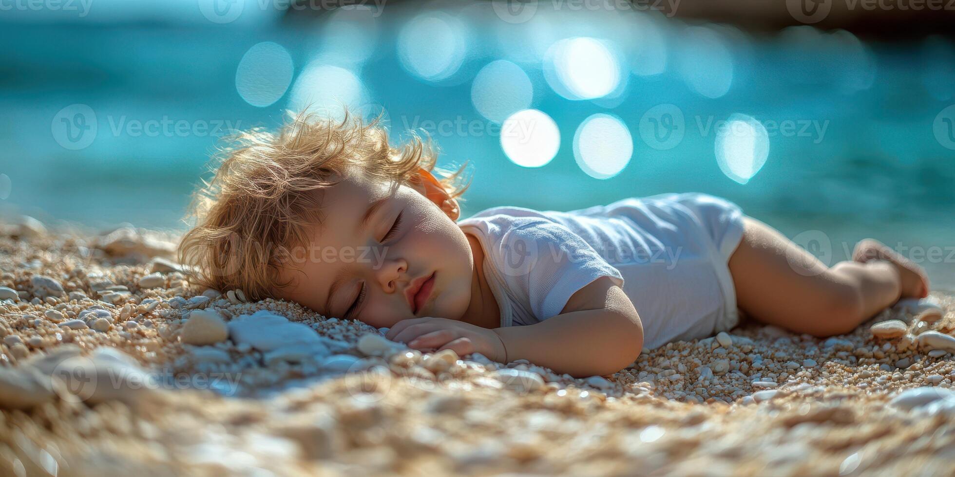 Baby peacefully sleeps on sandy beach by the water during sunny day near coast photo