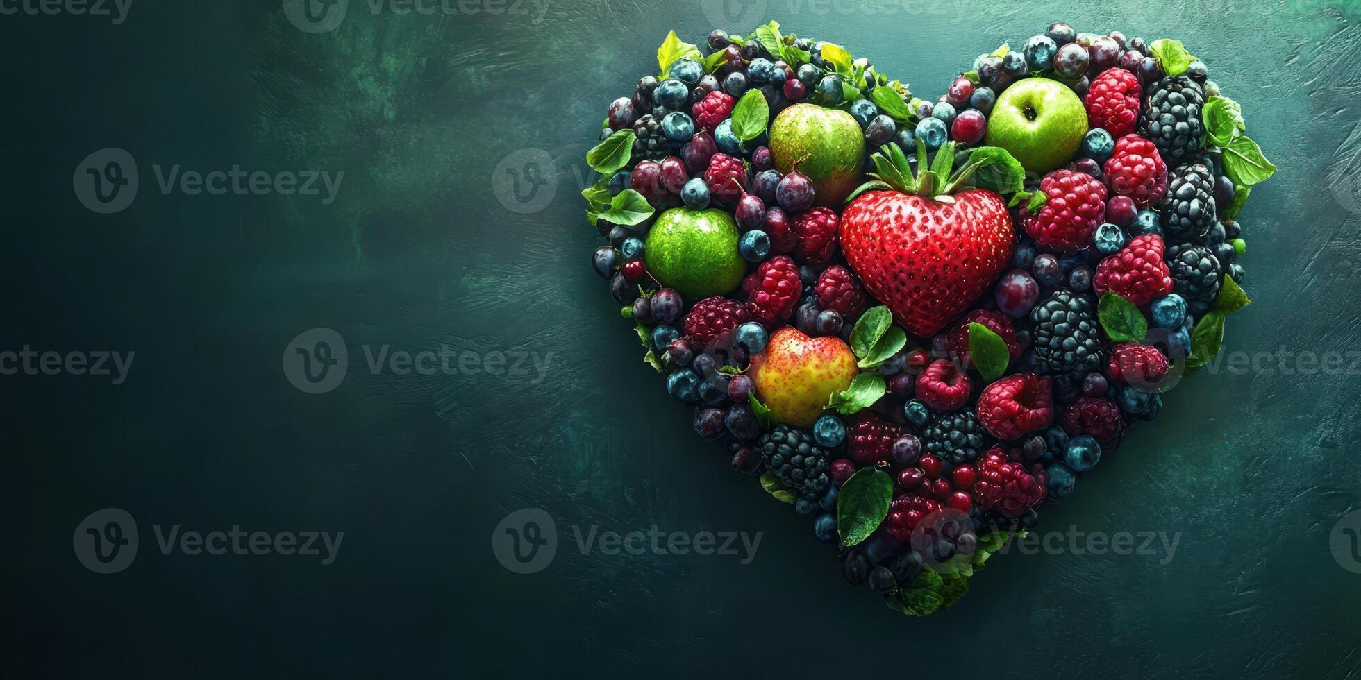 Creative heart shaped arrangement of various fruits showcasing health and nature in vibrant colors photo