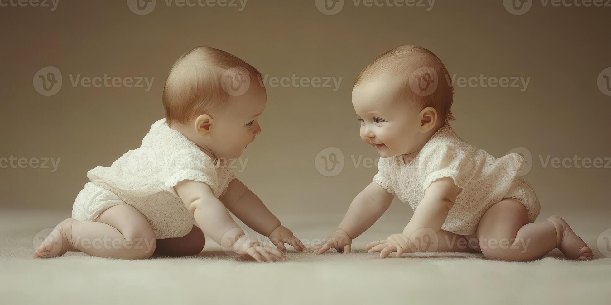 Infants crawling and interacting with each other in a warm, softly lit environment indoors photo