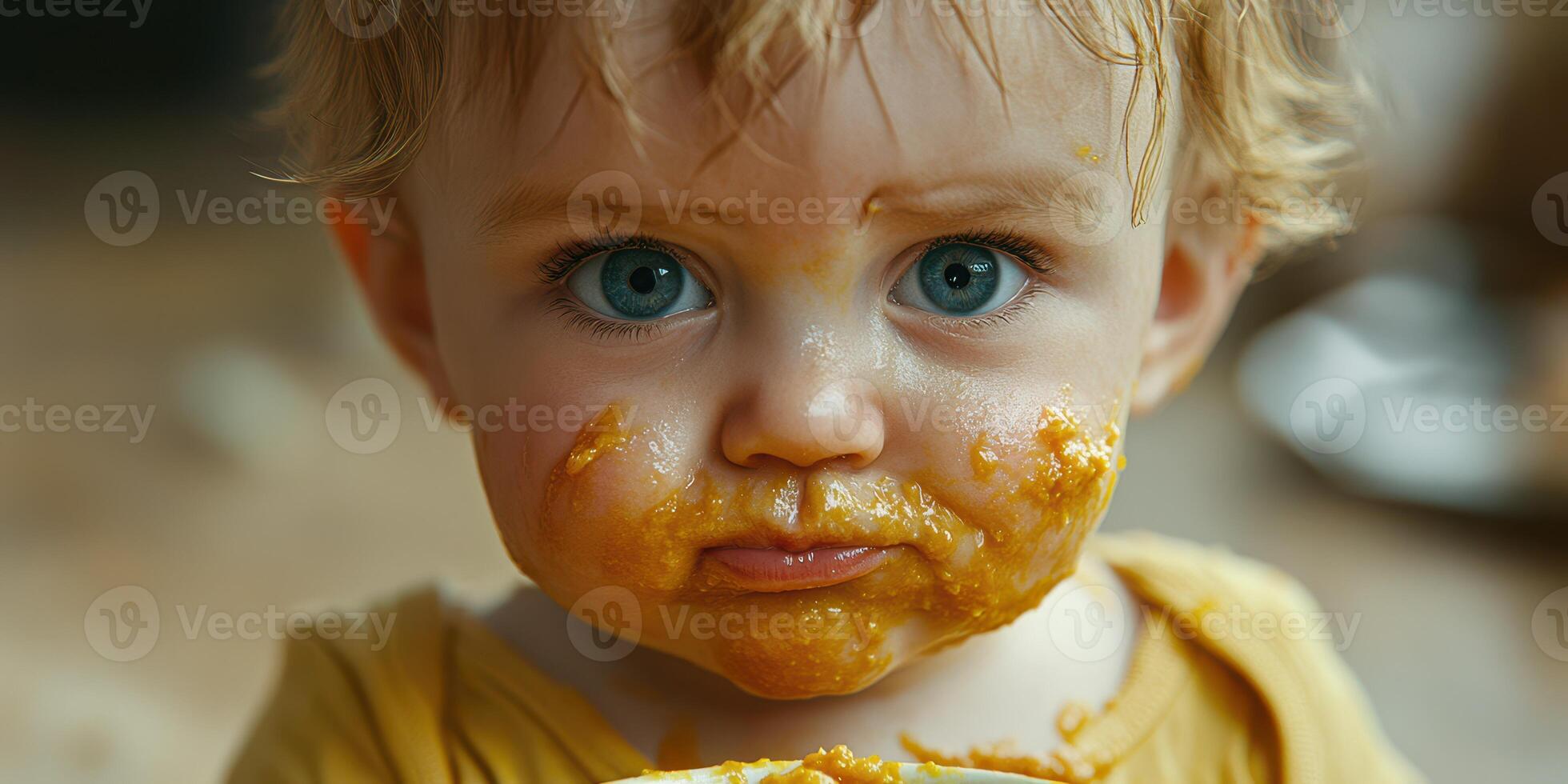 Curious toddler explores food in messy playtime adventure at home during afternoon photo
