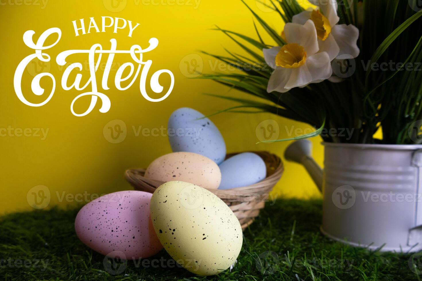 Pastel colorful Easter eggs with Daffodil flowers in background Happy Easter photo