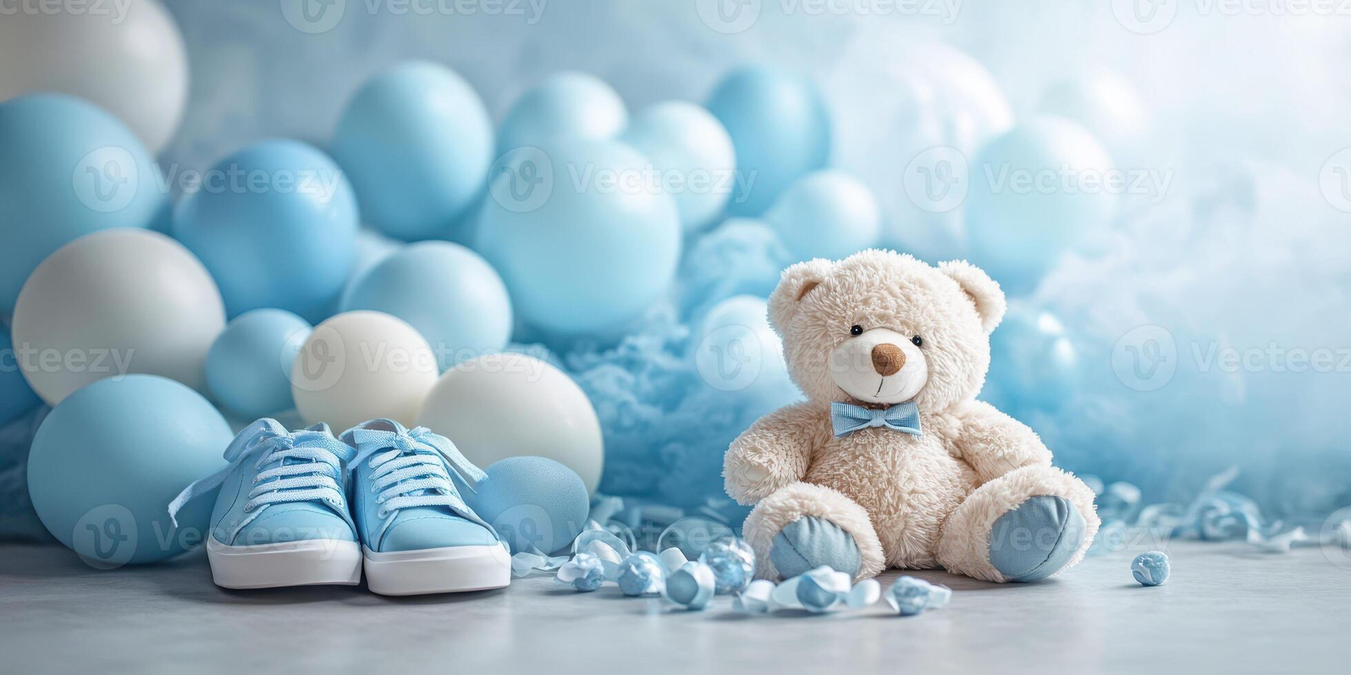 Decorative baby shower setup with blue balloons, shoes, and teddy bear in a soft ambiance photo