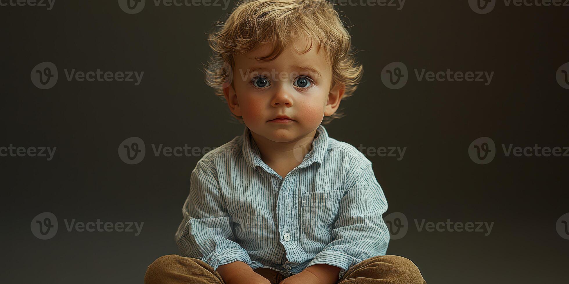 Young child with curly hair and expressive eyes sitting on the floor in a neutral-toned setting, showcasing innocence and curiosity photo