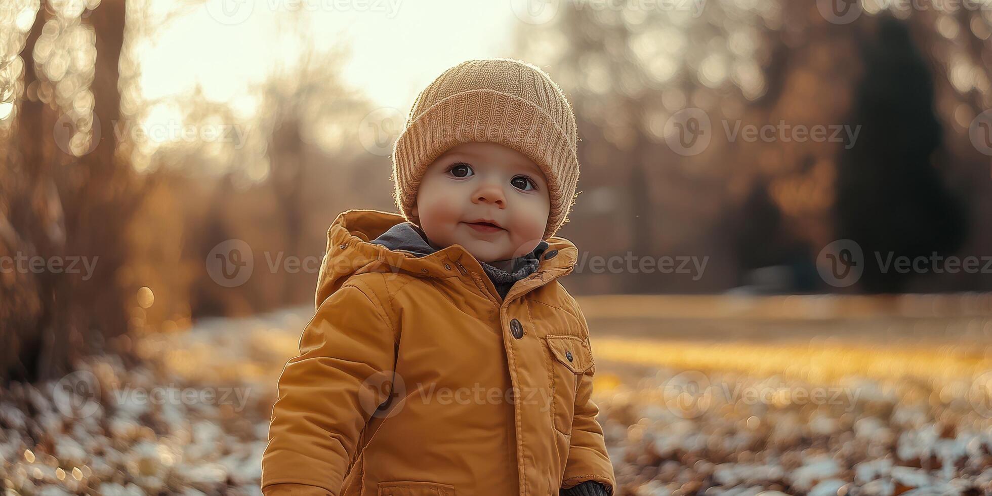 Baby enjoys autumn stroll in a park surrounded by colorful fall leaves during sunset photo
