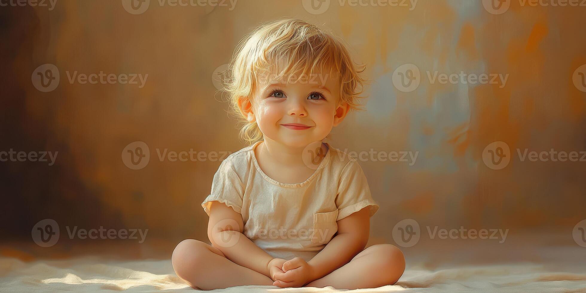 Bright-eyed toddler sitting cross-legged on soft surface with a joyful expression in a warm, artistic setting photo