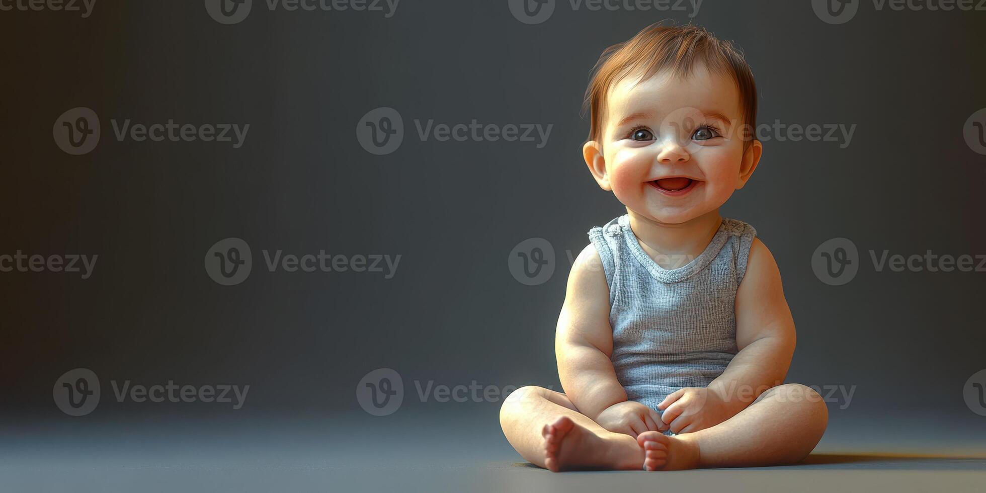 Happy baby sitting on a smooth surface, enjoying playtime indoors in soft lighting photo
