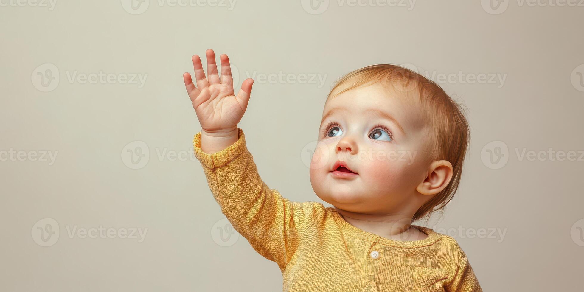 Baby joyfully reaches out with hand against a simple background during playtime at home photo
