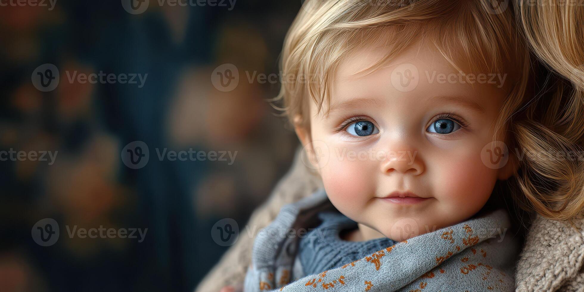 Baby with blue eyes wearing gray sweater looks curiously at the camera while being held by an adult in a comfortable setting photo