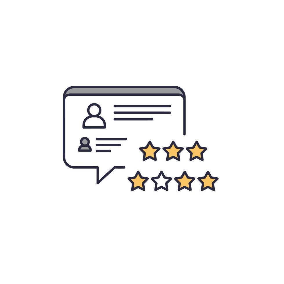 A five star rating icon with a speech bubble vector