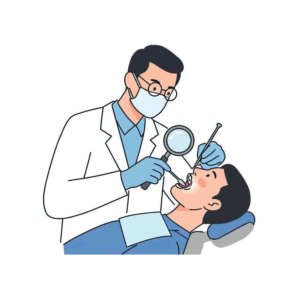 A man is getting his teeth checked by a dentist vector