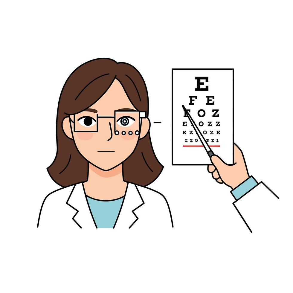 An illustration of a woman with glasses and an eye chart vector