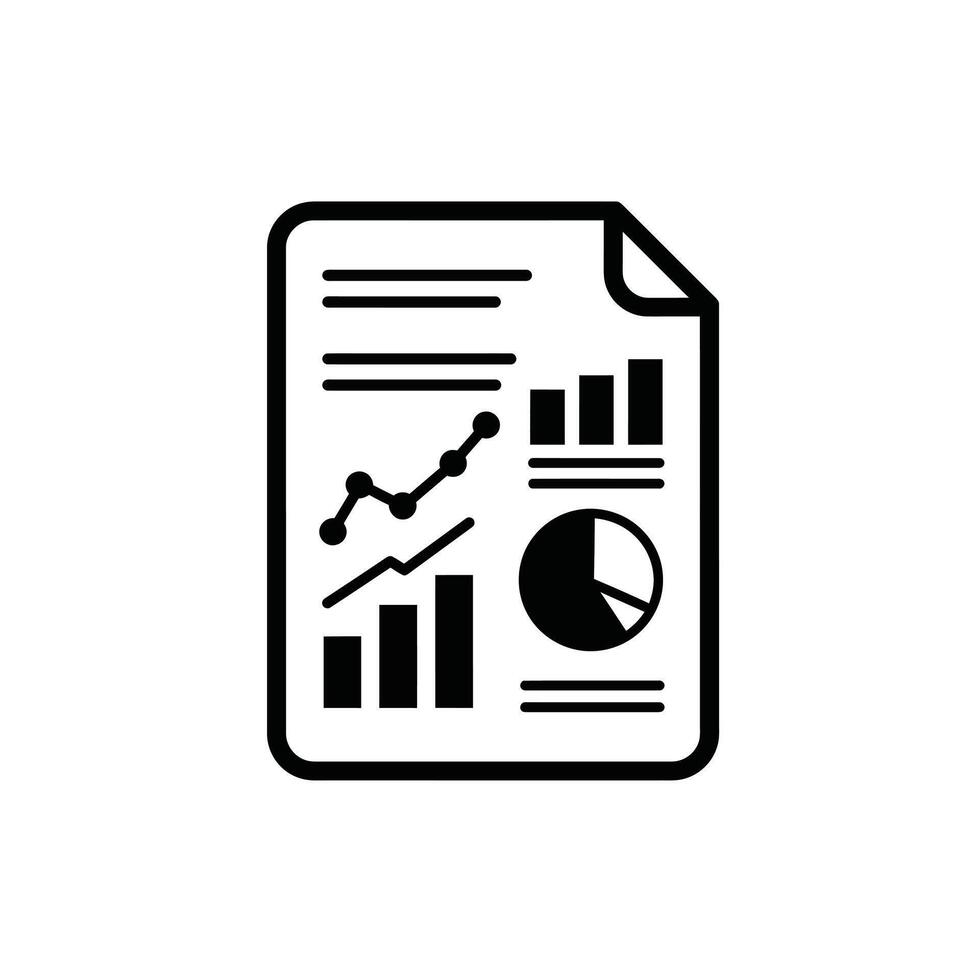 A black and white icon of a document with graphs and charts vector