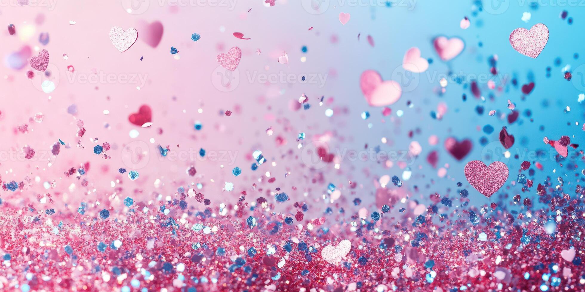 Colorful heart-shaped confetti falling against a gradient background during a festive celebration or event photo