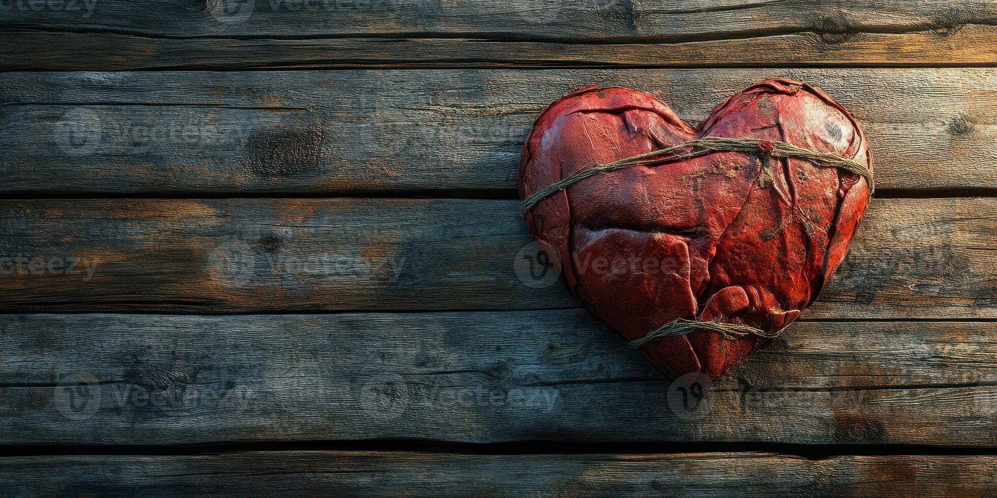 Heart made of textured red material tied with string against a rustic wooden background emits a sense of emotion and depth photo
