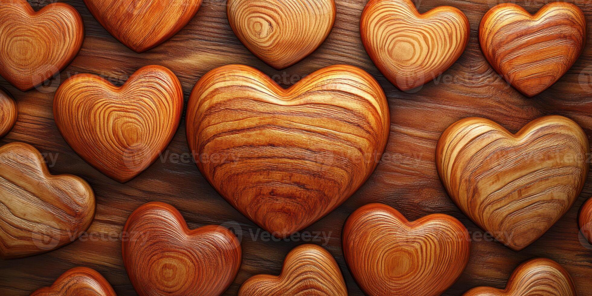 Wood hearts arranged on a wooden surface create a warm and rustic decoration ideal for home or event settings photo