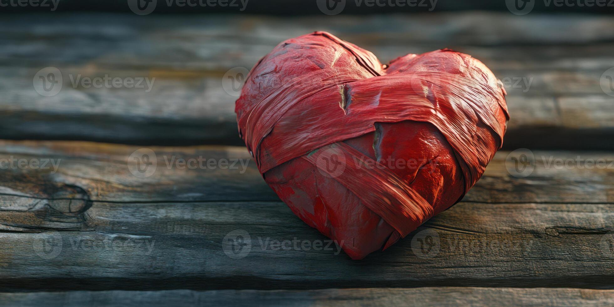 Decorative heart made of red material rests on a rustic wooden surface, symbolizing love and affection in a cozy atmosphere photo