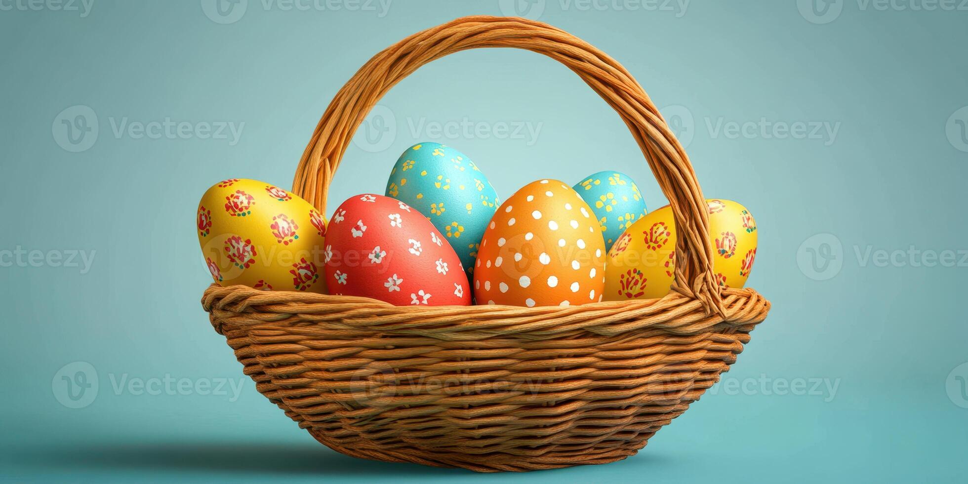 Colorful Easter eggs in a basket arranged on a blue background for festive spring celebrations and decoration ideas photo