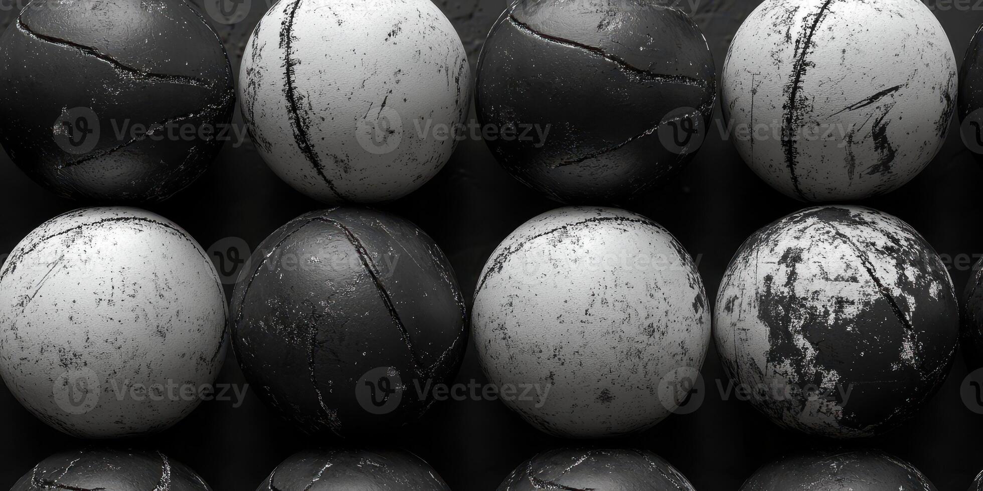 Bright and dark spheres lined in a pattern on a textured surface creating a visual contrast in a monochromatic display photo