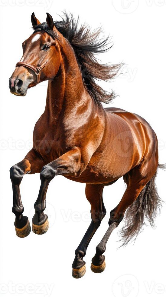 Powerful brown horse leaps with grace against a plain background showcasing its strength and beauty in motion photo