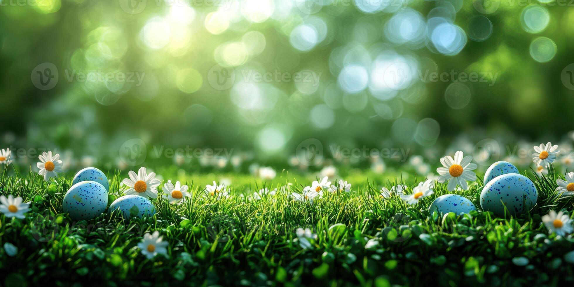 Colorful decorated eggs surrounded by daisies in a vibrant spring garden at dawn photo