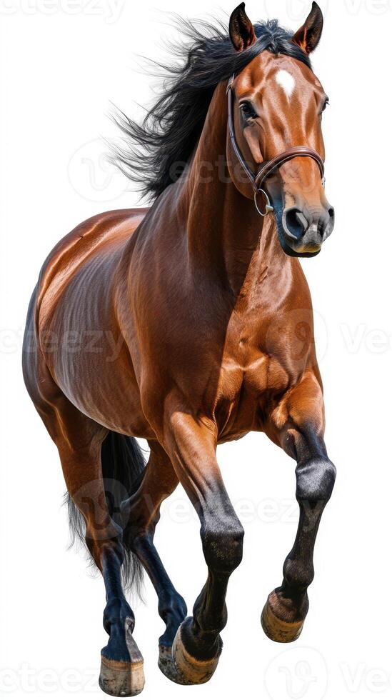 Strong brown horse galloping with mane flowing under bright light in a clear energetic display photo