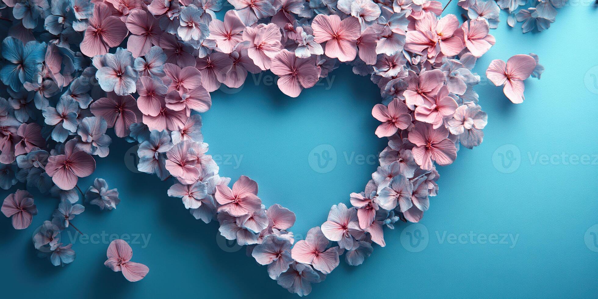 Colorful floral arrangement in heart shape on a blue background creates a vibrant and romantic atmosphere photo