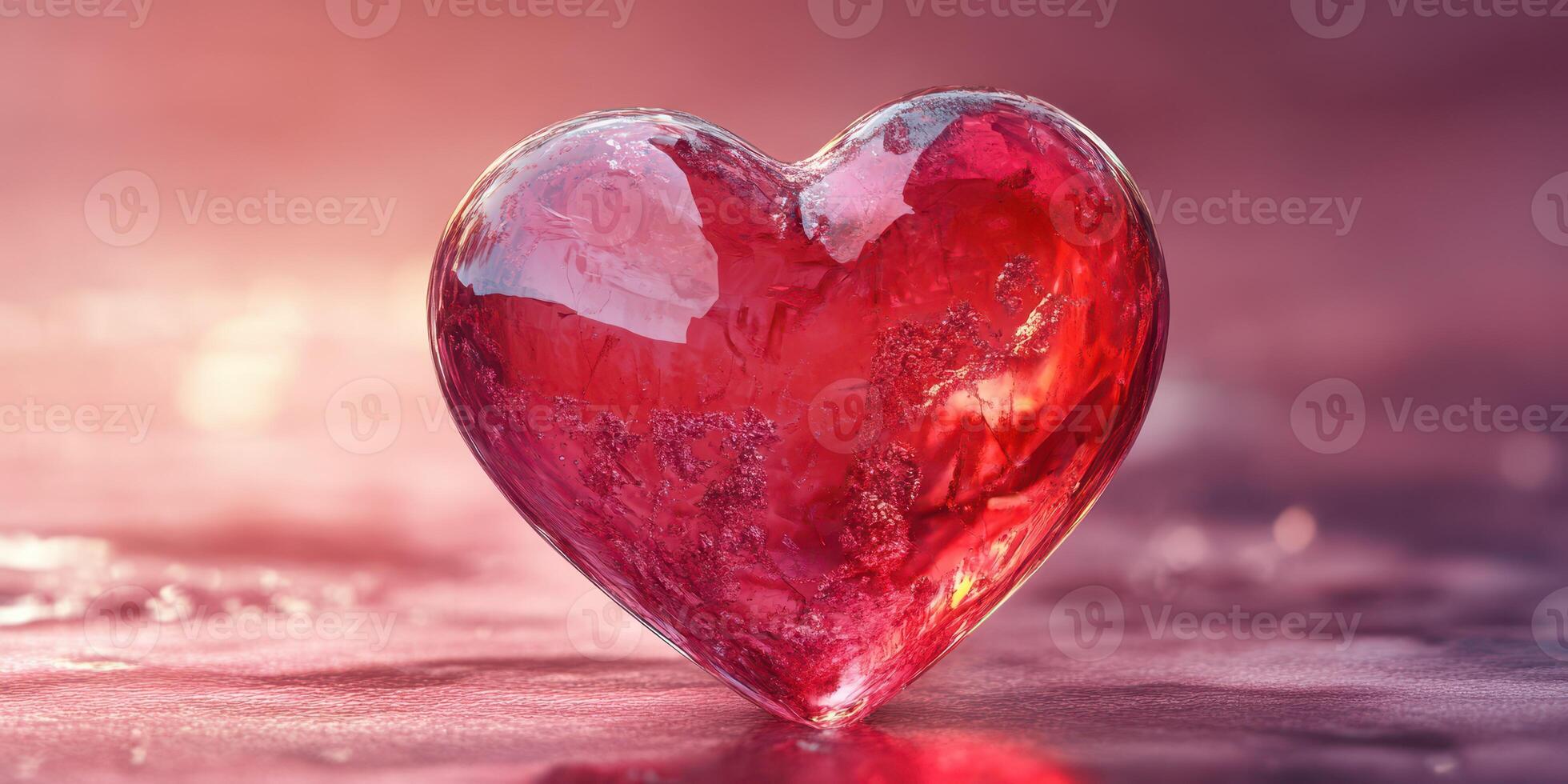 Beautiful heart-shaped glass sculpture reflecting warm light on a surface photo