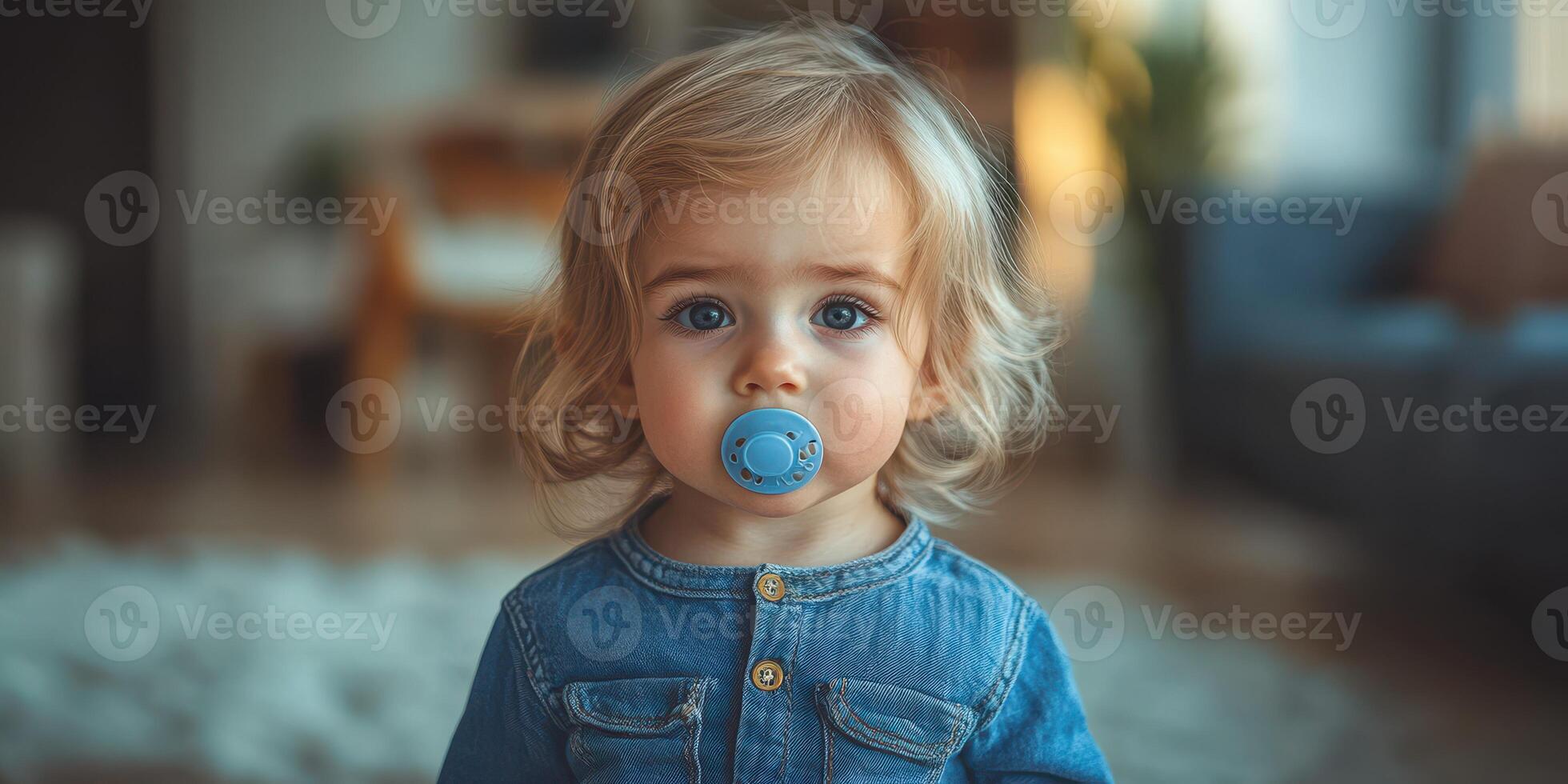 Cute toddler wearing denim shirt and pacifier in a cozy living room setting during the afternoon photo