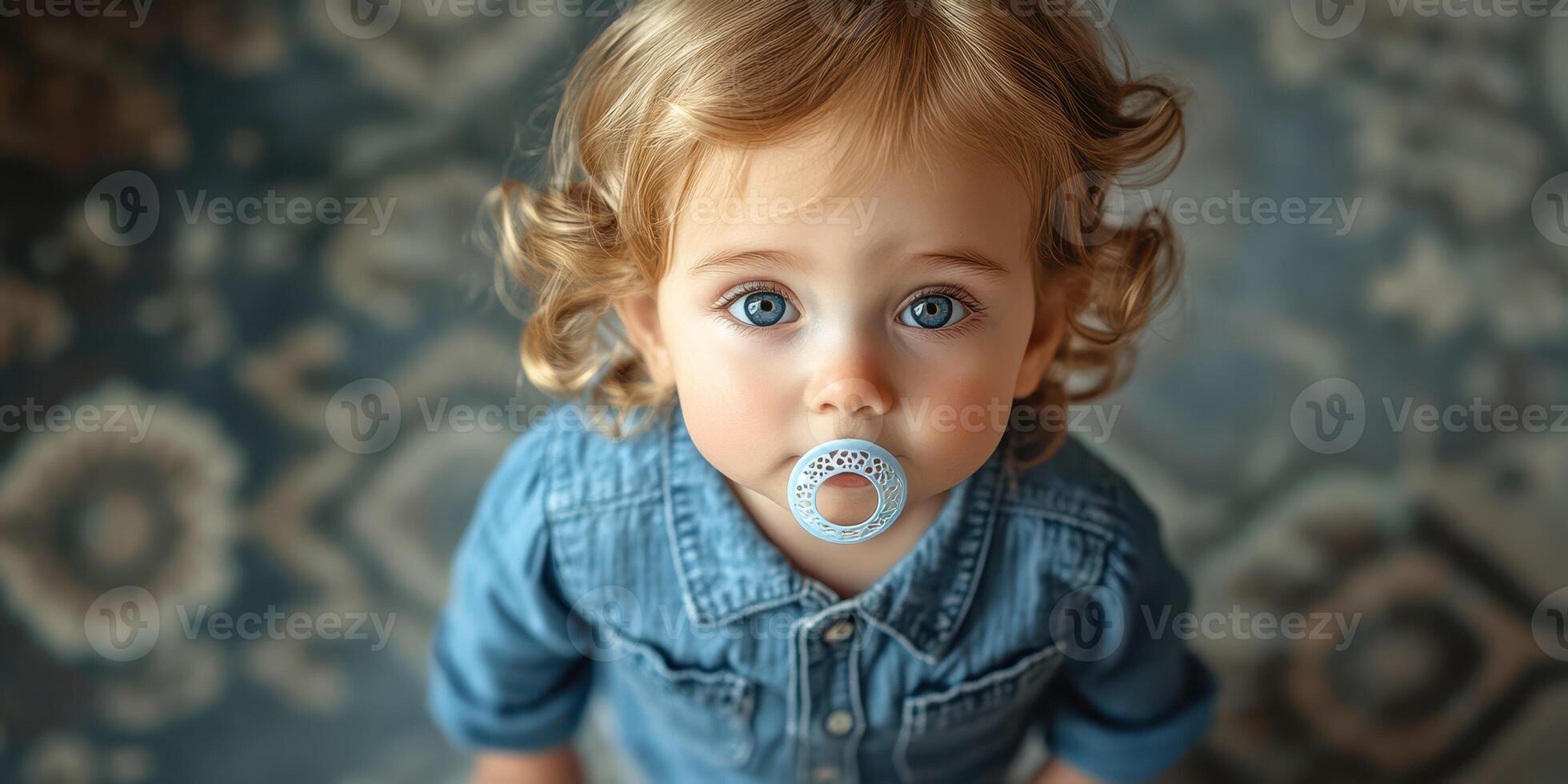 Baby with curly hair and blue eyes wearing denim jacket and pacifier, looking up at the camera in a cozy indoor setting photo