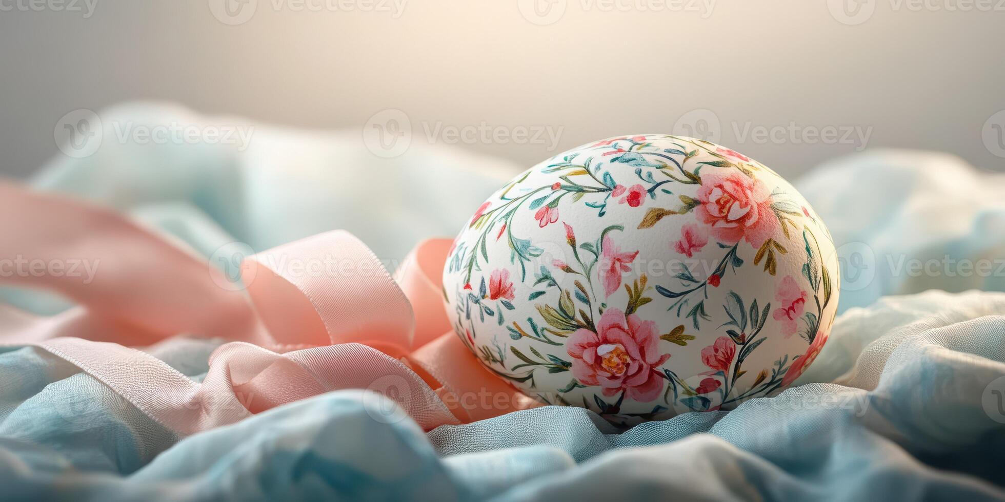 Beautifully decorated Easter egg with floral patterns and soft ribbons on a light fabric backdrop photo