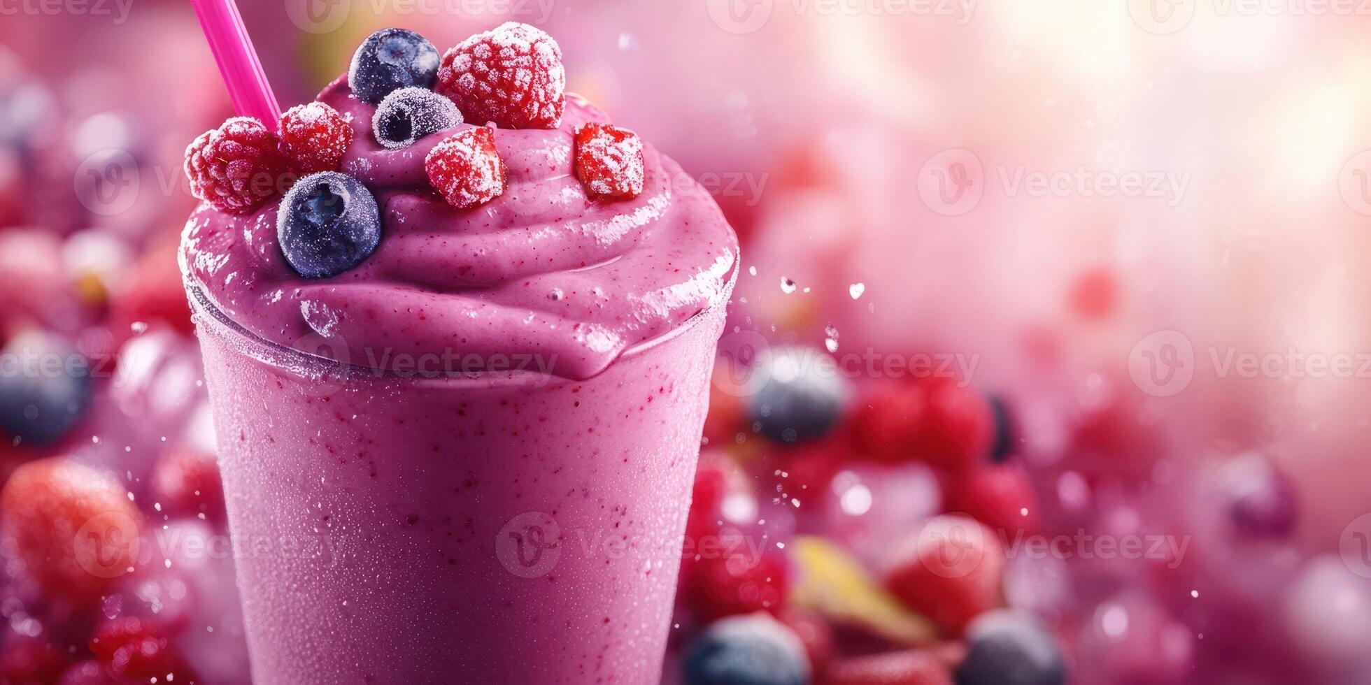 Delicious berry smoothie served in a transparent cup with various berries around for a colorful presentation photo