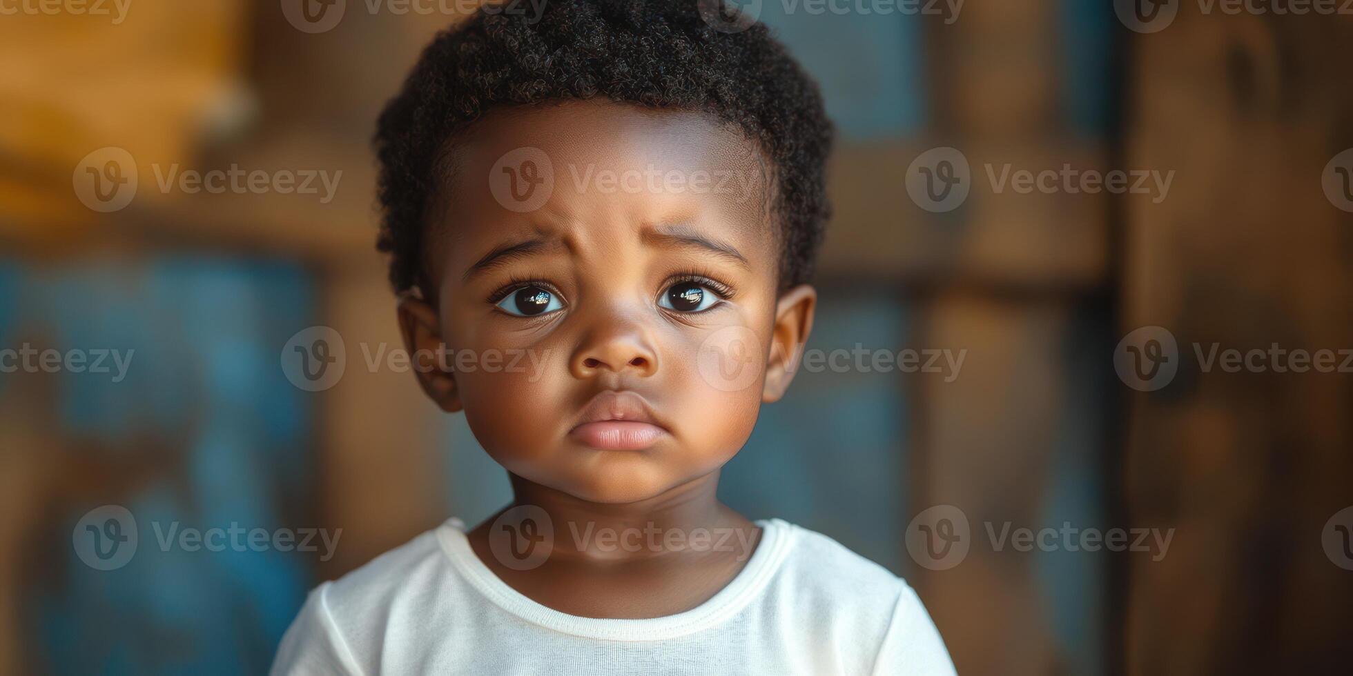 Emotionally expressive young child with curly hair gazes thoughtfully in a rustic setting during daylight photo