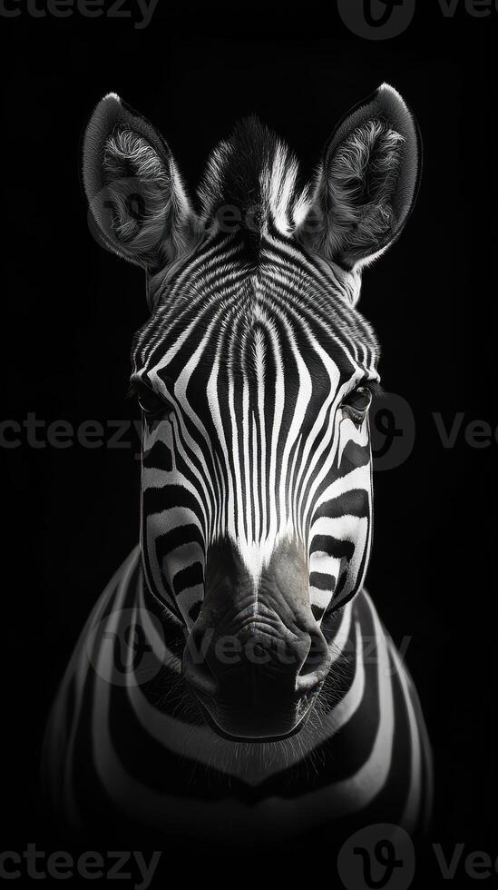 Zebra portrait showcasing striking black and white stripes against a dark background highlighting its features and character photo