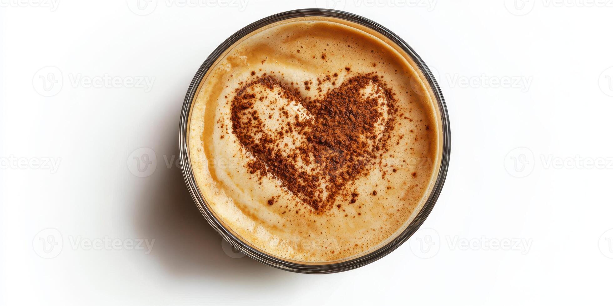 Coffee topped with heart pattern made of cocoa powder served in a round bowl on a white background photo