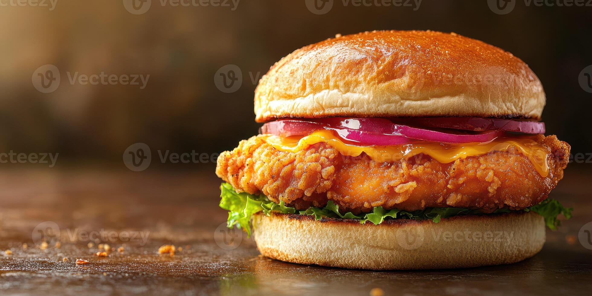Crispy chicken sandwich with lettuce and cheese served on a toasted bun photo