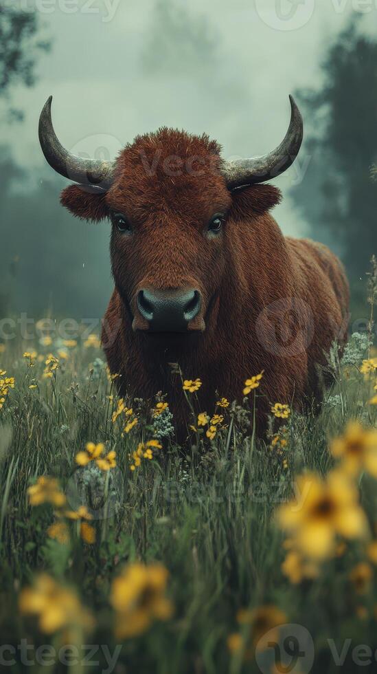 Brown cow grazing among yellow flowers in a lush green meadow under cloudy skies during a serene morning photo