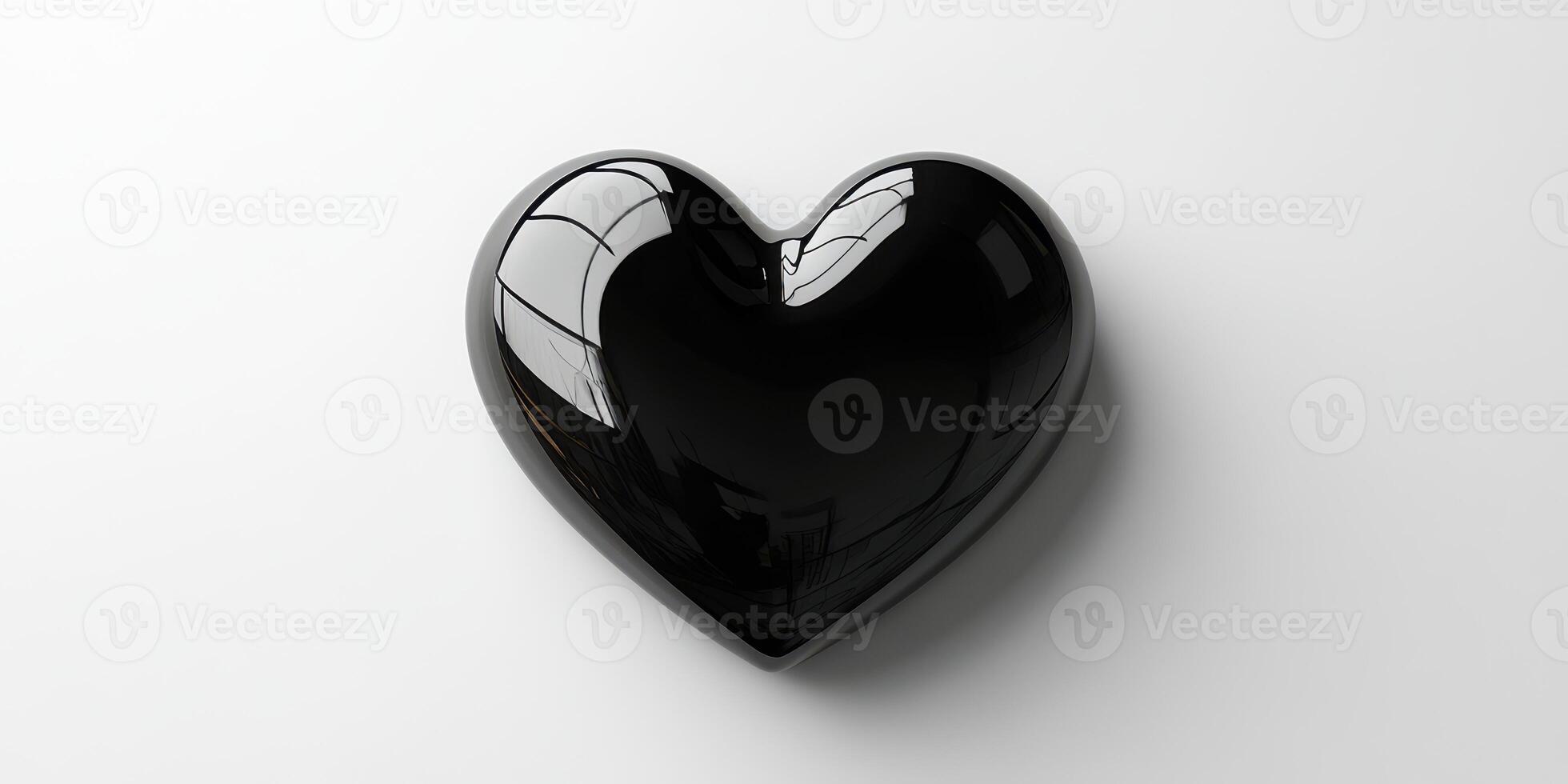 Heart shaped black sculpture resting on a flat surface with reflections from surrounding light photo
