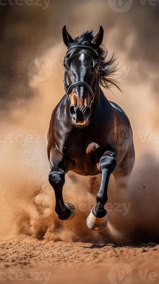 Powerful black horse galloping through sandy terrain with flying dust in a dynamic display of speed and strength photo