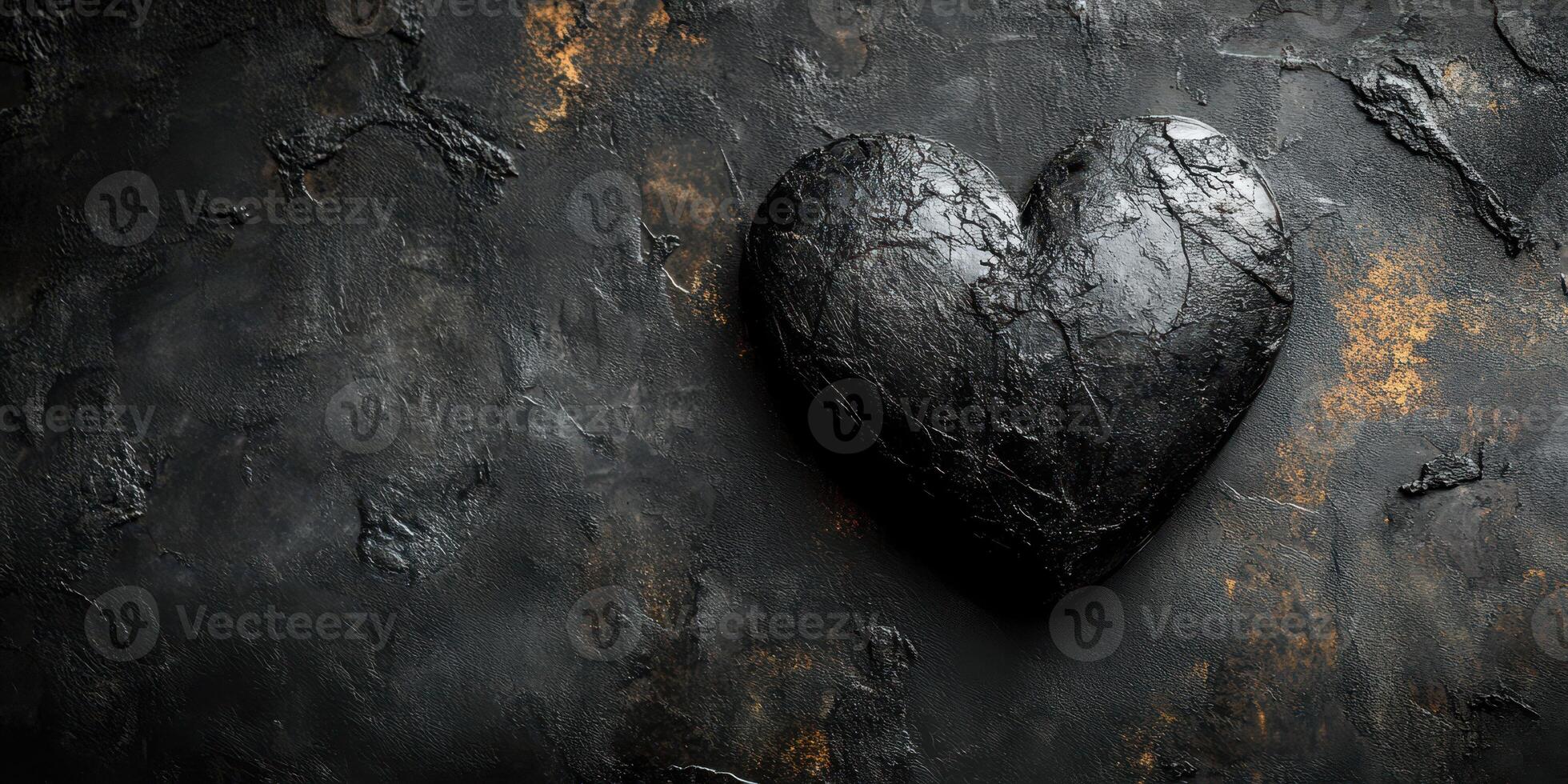 Heart-shaped stone on textured dark surface with gold accents creates a striking visual contrast and a sense of depth photo