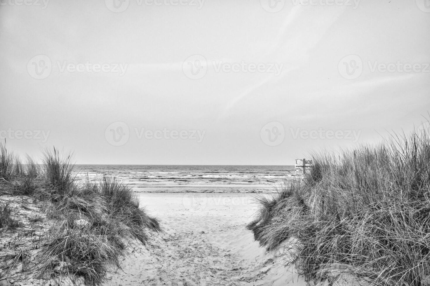 Beach crossing on the island of Usedom to the Baltic Sea in black and white. photo