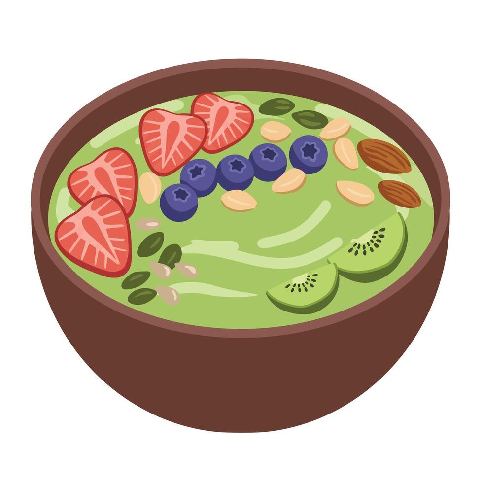 A bowl of green smoothie with strawberries, blueberries and almonds vector
