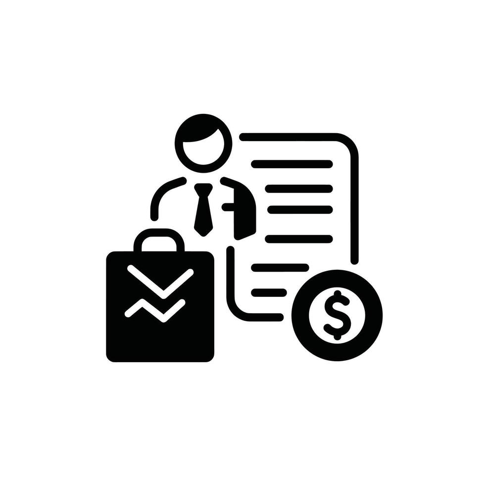 A black and white icon of a man with a briefcase and a dollar sign vector