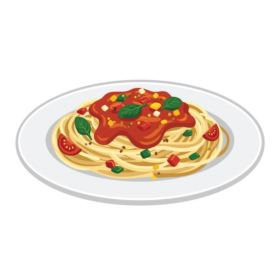 Spaghetti with tomato sauce and basil on a plate vector