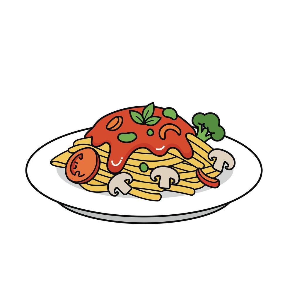 A plate of spaghetti with tomato sauce and mushrooms vector