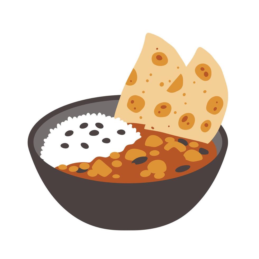 A bowl of curry and rice with a tortilla vector
