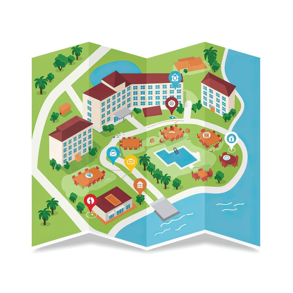 A map of a hotel and resort with a map of the location vector