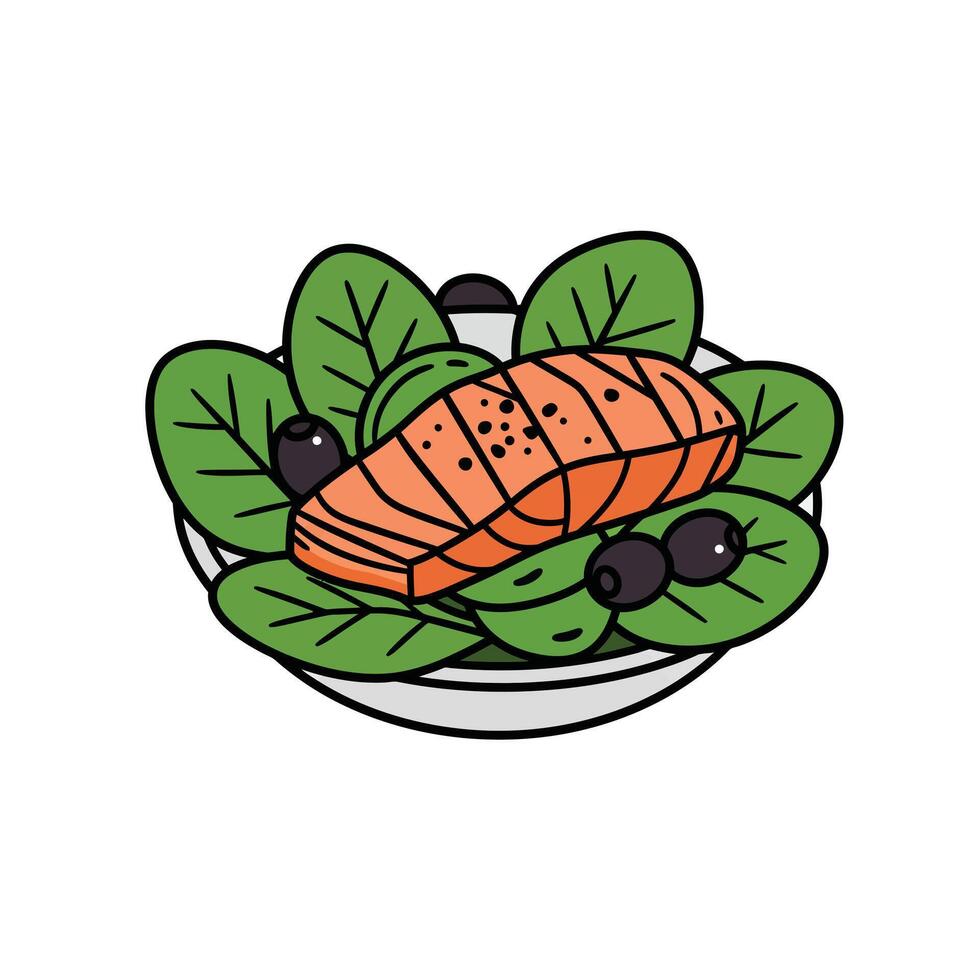 Salmon salad with olives and spinach illustration vector