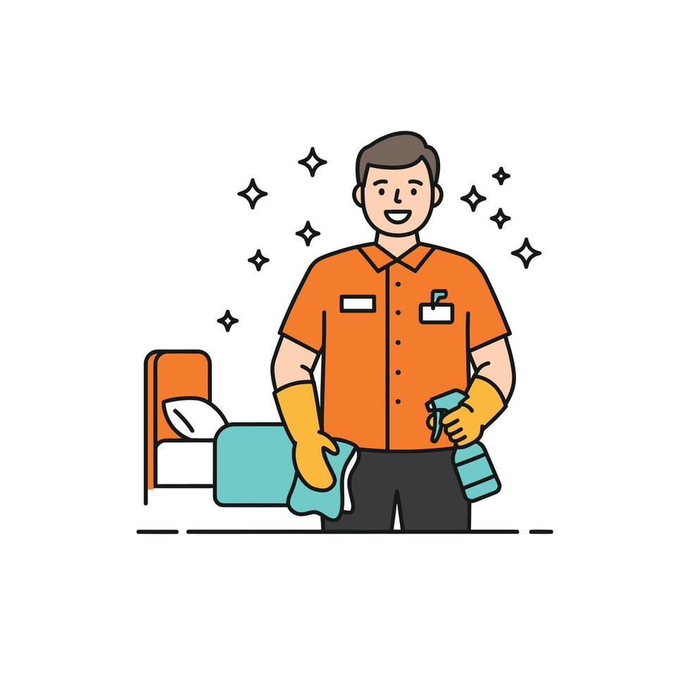 A man in an orange shirt holding a cleaning cloth vector